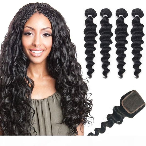 

brazilian mongolian indian peruvian malaysian loose wave virgin hair human hair bundles with closure 3 4 bundles with closure, Black