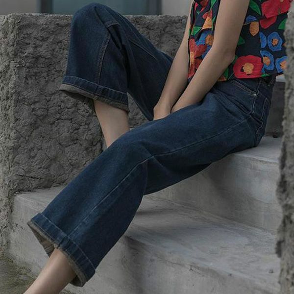 

women's jeans women 2021 summer thin section was korean version of high waist wild loose nine-point wide-leg pants, Blue