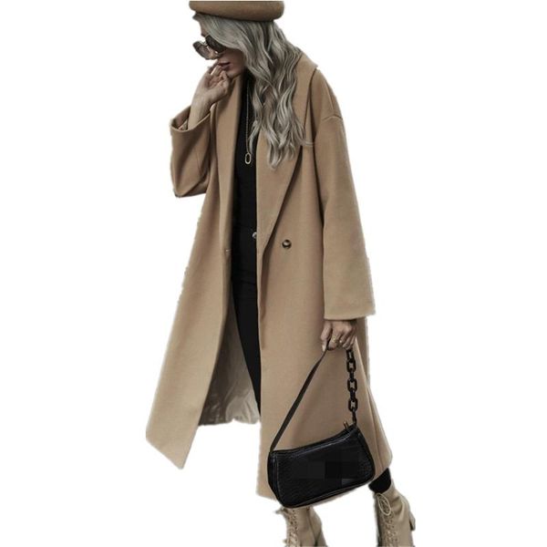 

women's wool & blends 2021 autumn and winter fashion street style loose casual simple green fruit collar straight long coat jacket, Black
