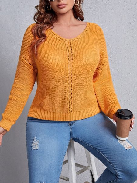 

plus drop shoulder pointelle knit sweater d79k#, Black