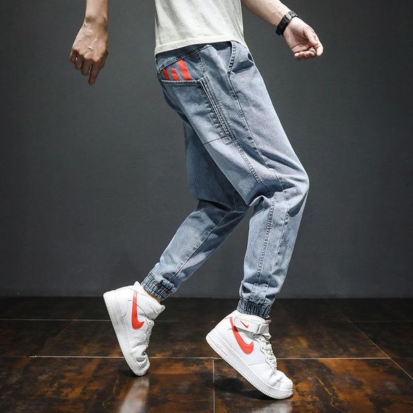 

men's jeans pants 2021 korean summer models loose light-colored casual tooling harness feet harlan trend, Blue
