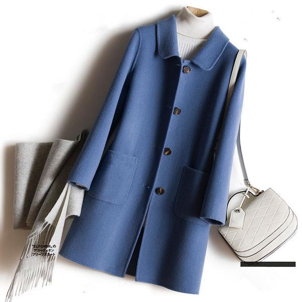 

women's wool & blends autumn fashion slim mid long double sided cashmere jacket women solid color outwear big pocket office lady coat f, Black