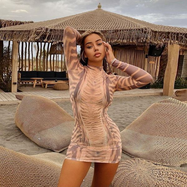 

casual dresses vintage print mesh bodycon mini dress women autumn elegant long sleeve sheath skinny party clubwear female street, Black;gray