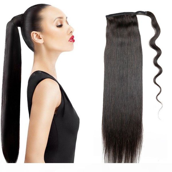 

dora 18" silk straight ponytail hair extension human hair wrap ponytail hairpiece 100g natural color 1#, Black