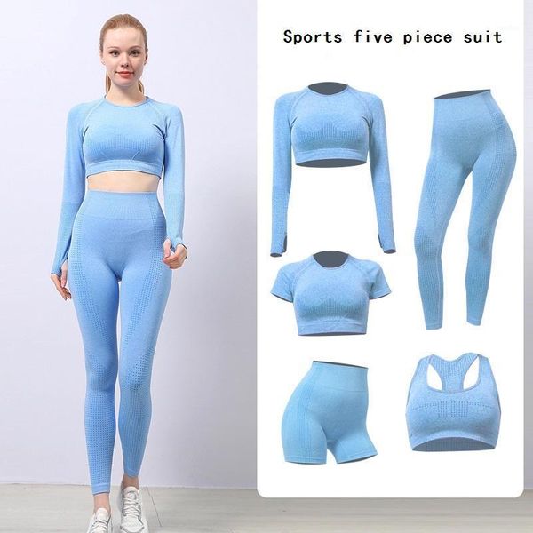Yoga-Outfits CXUEY 5-teiliges Fitnessstudio-Workout-Set Damen-Trainingsanzug Fitnessanzug Nahtlose Sportkleidung für Activewear Rot Blau1