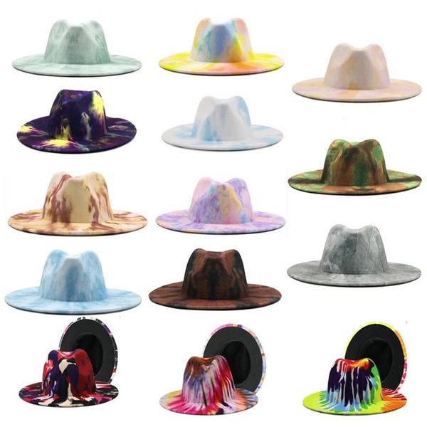 

wide brim hats tie dyed special style fedora panama hat colorful woolen jazz men women felt wool-like, Blue;gray