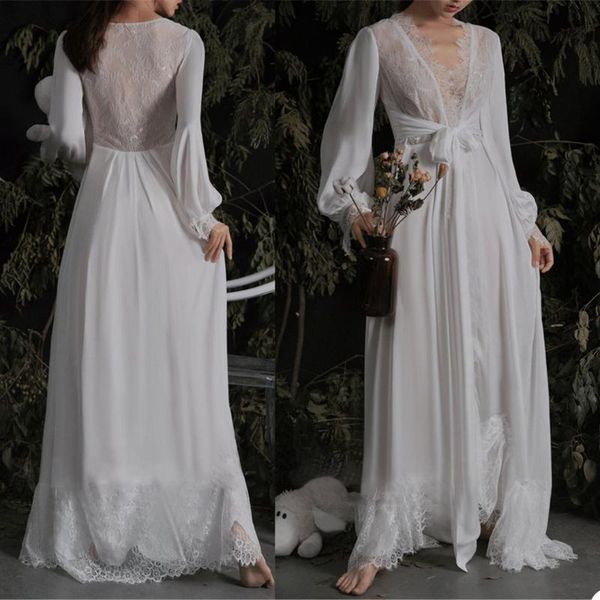

wraps & jackets bridal gowns women robes wedding dresses illusion lace long sleeve appliques chiffon nightdress nightgown sleepwear, White