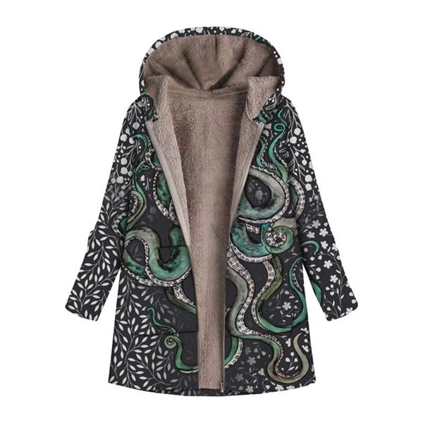 

women's jackets 2021 winter warm coat casual printed hooded plush jacket plus fleece zipper long sleeve cotton padded for women, Black;brown
