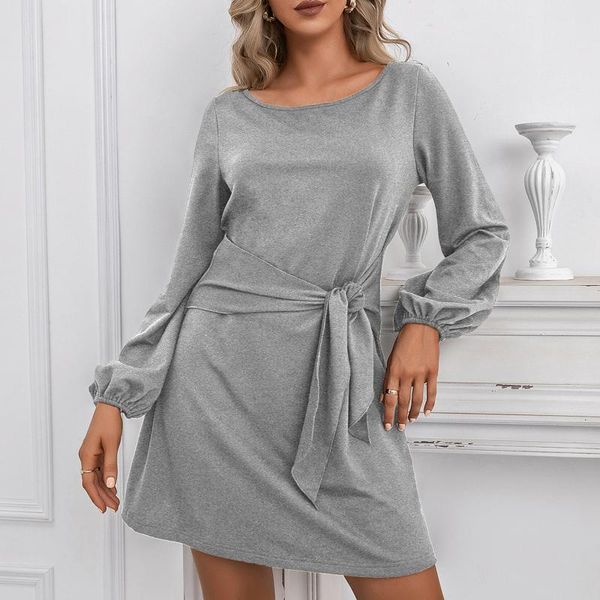 

casual dresses solid stylish female mini dress elegant long lantern sleeve loose vintage t shirt summer with tie waist, Black;gray