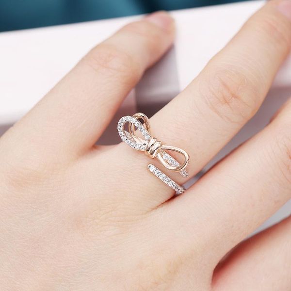 

cluster rings swour fashion jewelry rose gold double color wedding gift cz cubic zircon bowknot design resizable ring s462, Golden;silver