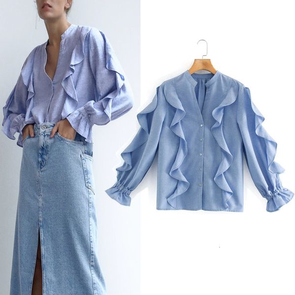 

new women 2021 blouse vintage blue long sleeve linen shirt woman fashion elastic ruffle trims button-up casual ladies 6xmn lvj5, White