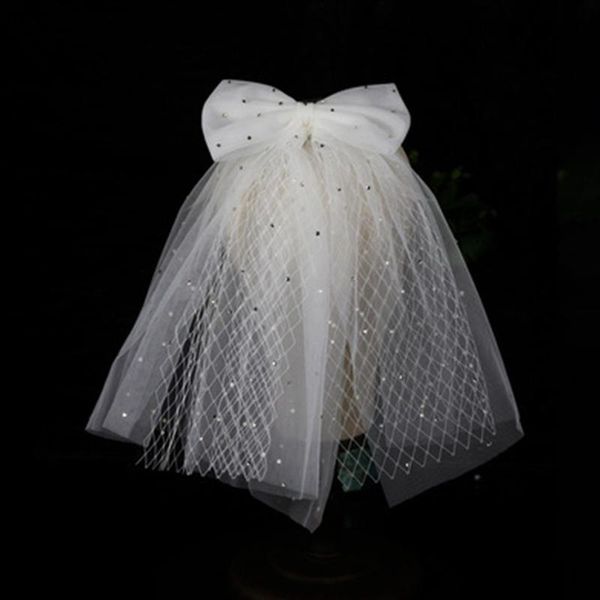 

bridal veils wedding rhinestone bowknot short white multi-layer gauze veil for cocktail headwear hair accessories, Black