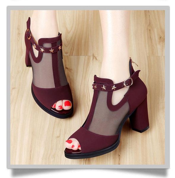 

women pumps high thick black heels ladies shoes rivet mesh zipper open toe casual party wedding platform chunky sandal