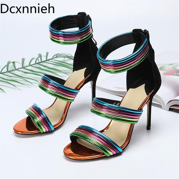 

sandals iridescent narrow band gladiator women 10cm thin heel open toes cover heels back zip summer 2021 shoes woman, Black