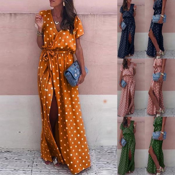 

women pink wave point v-neck maxi dress female fork opening long dress belt ladies polka-dot split dress vestido boho, Black;gray