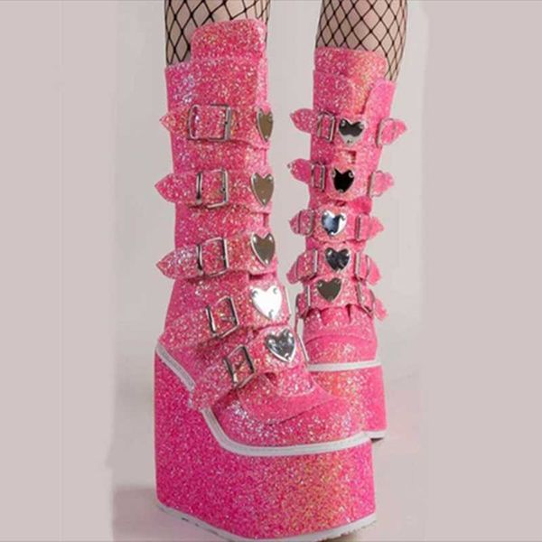 Botas mulheres vestido sapatos fantasia glitter fivela fivela plataforma super alto salto senhora moda joelho inverno