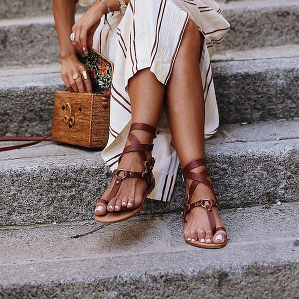 

sandals vintage women's leather flat women beach shoes plus size 43 summer fashion brown cross strap female, Black
