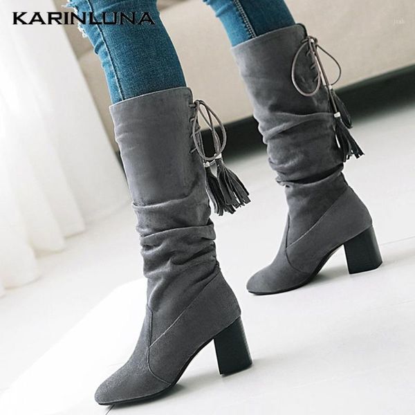 

boots karin plus size 33-43 leisure shoes women 2021 wholesale flock lace-up fringe pointed toe mid-calf thick high heels1, Black
