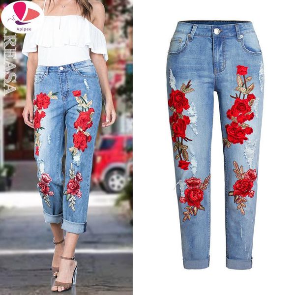 

women's jeans 2021 ladies high waist mom female floral for women trousers denim pencil pants ripped woman straight mujer femme, Blue