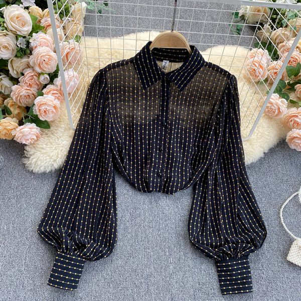 

2021 new lanterna manga elegante transparente primavera vero chiffon polka dot preto blusa escritrio senhoras camisa feminina s c3u, White