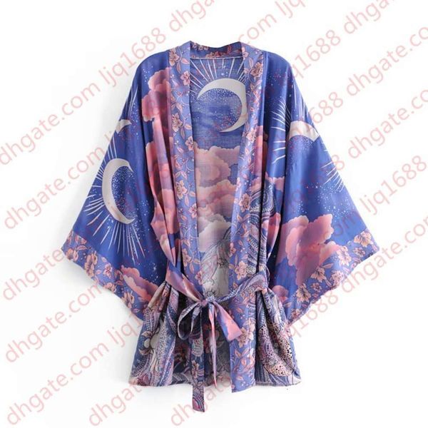 

2021 new women floral print bohemian short kimono cardigan blouses cotton boho batwing sleeve casual beach holiday seaside shirt blouse, White