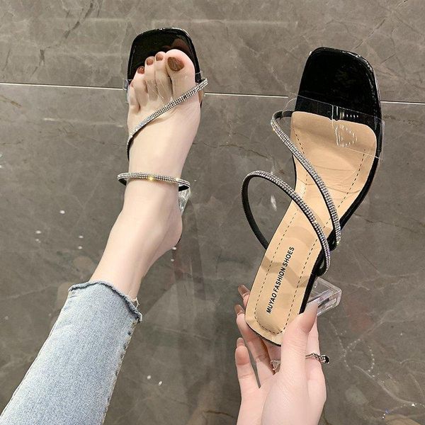 

woman slippers fashion pvc transparent crystal rhinestone slides clear strange heels sandals ladies wedding party shoes, Black