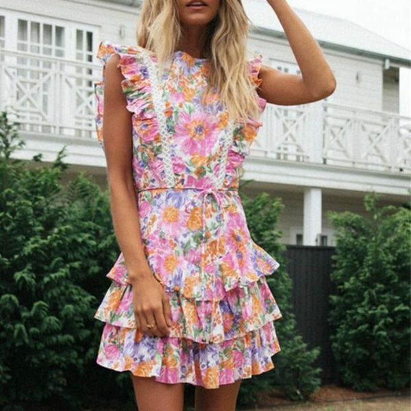

casual dresses summer beach dress ladies o neck ruffles sleeveless open back vestidos fashion floral printing women layered party sundr, Black;gray