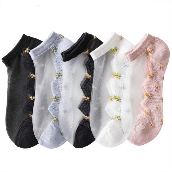

korean women's summer glass fibre boat flowers jacquard breathing horse mesh cato bottom short socks, Black;white
