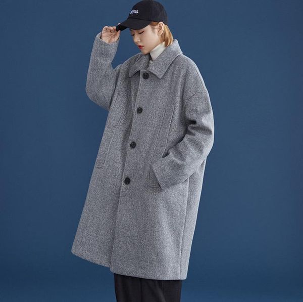 

2021 autumn and winter new youth popular loose men's pure color simple mid-length woolen coat fashionable casual m-2xl, Black