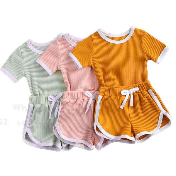 

clothing sets baby girl boy cotton clothes ribbed knitted casual fresh solid color pitted round neck t-shirt and short pants 0-3y toddler su, White