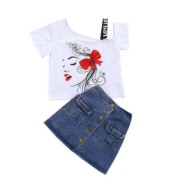 

clothing sets arrival fashion 2pcs toddler girls summer clothes short sleeve strap t-shirts + mini denim skirt set, White