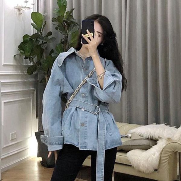 

women's jackets 2021 vintage chic turn-down collar women denim coats fashion long sleeve sashes slim female streetwear jacket, Black;brown