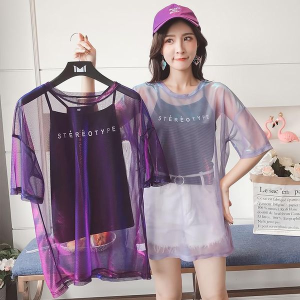 

fashion hollow out t shirt women transparent summer ladies short sleeve loose two set t-shirts women tee shirt, White
