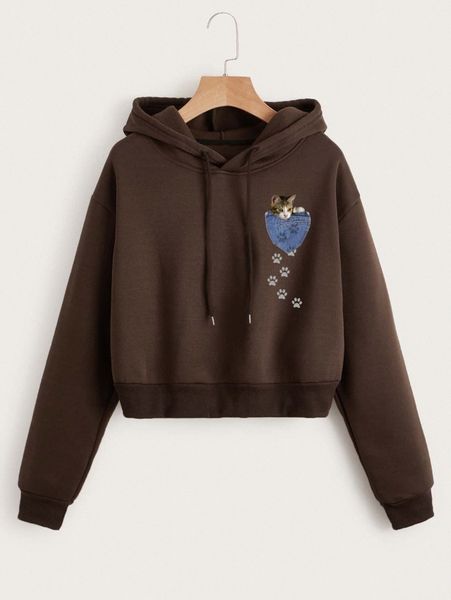 

cat print drawstring crop hoodie v3ry#, White;black