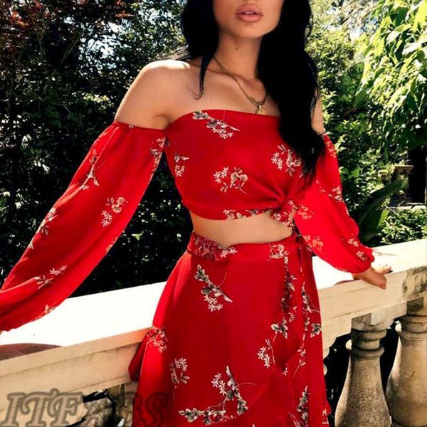 

summer 2 two set womens tracksuits off shoulder ruffles skirts floral print female casual holiday outfits, Gray