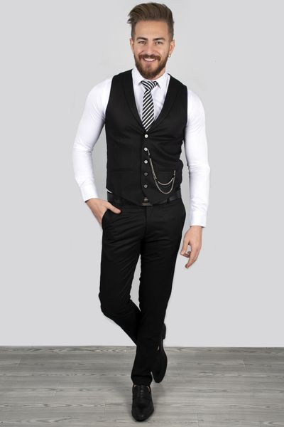 

self print narrow cut pants vest suit 2009052 s2nl, White;black