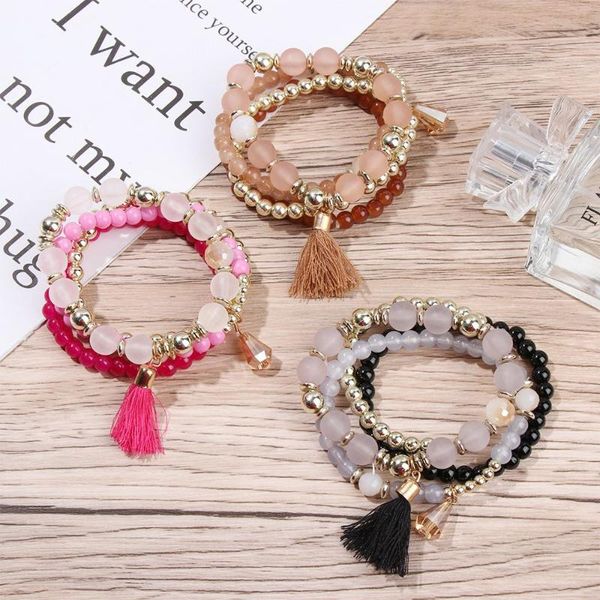 

link, chain gift princess girls tassel stretch bohemian beaded bracelet, Black