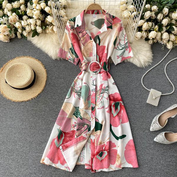 Teeuiear Slim Pólo Pescoço Verão floral estampado Blusa Longa Vestido Festa bandagem vestido de festa Feminino praia Túnica Elegante vestido X0521