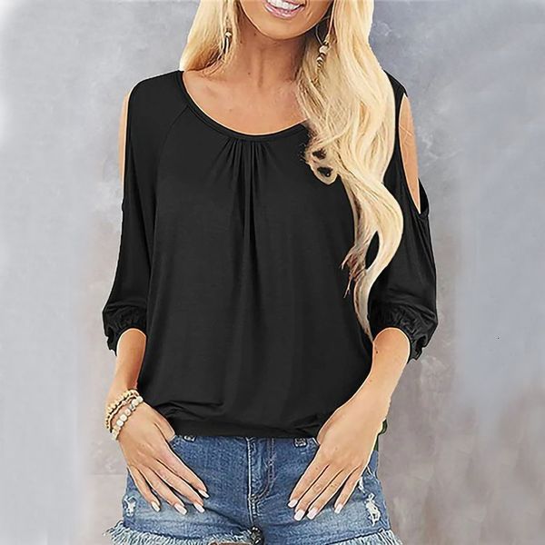 

fashion 0.# hollow 3/4 mouwen effen color t-shirt women shoulder saving o-neck woman t-shirts ropa mujer, White