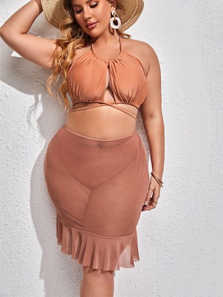 

3pack plus plain lace up bikini swimsuit & beach skirt t6vw#, Black