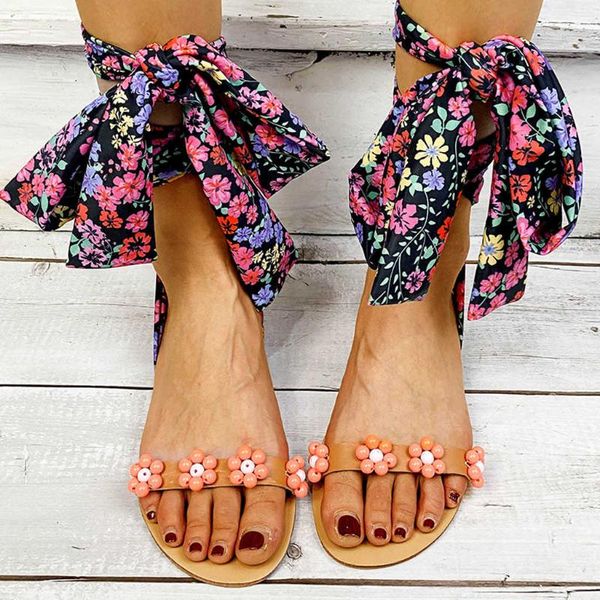 

sandals 2021 women ankle strap ladies beaded special women's flat shoes bowknot casual beach female plus size summer, Black