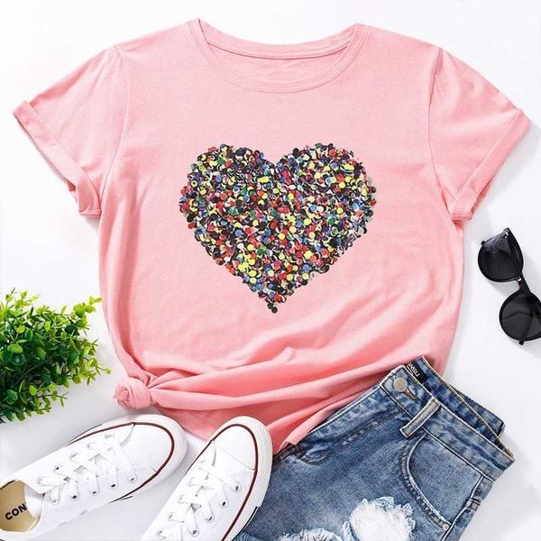 T-shirt da donna in cotone estivo JCGO 5XL Plus Size Stampa a cuore manica corta Graphic Tee Tops Casual O-Collo T-shirt oversize femminile Y0629