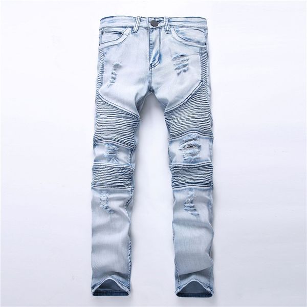 

2021 new men biker ripped denim slim fit motorcycle pant classic hip hop ny casual winter stretch jeans d2iz, Blue
