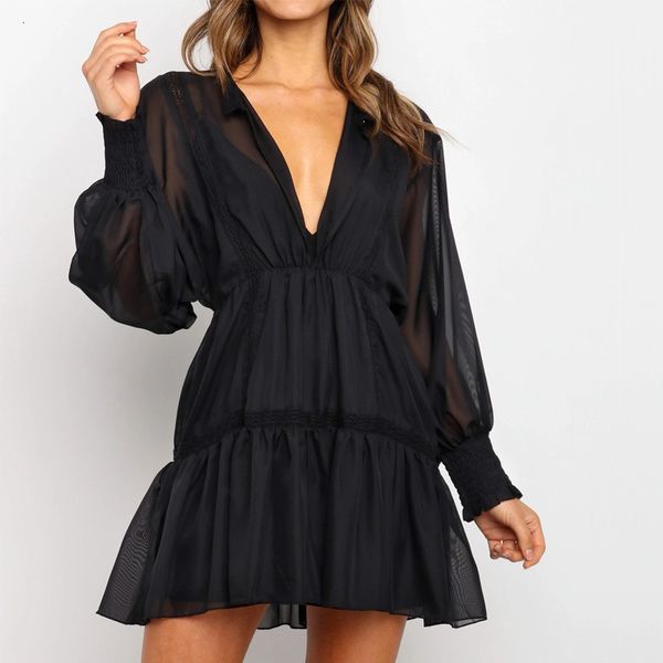 

2021 new spring black long sleeve deep v elegant female lace patchwork party ladies women solid a line office vestidos 2u4e, Black;gray