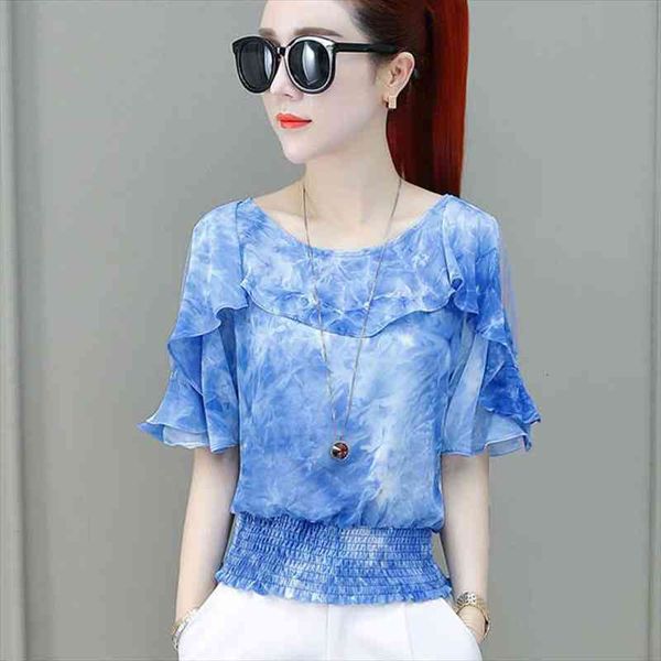 

women spring summer style chiffon blouses lady casual short sleeve o-neck off shoulder blusas blue red df2687, White