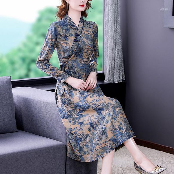 

casual dresses women dress autumn 2022 chinese style brief office lady cheongsam print long sleeve patchwork belt v-neck, Black;gray