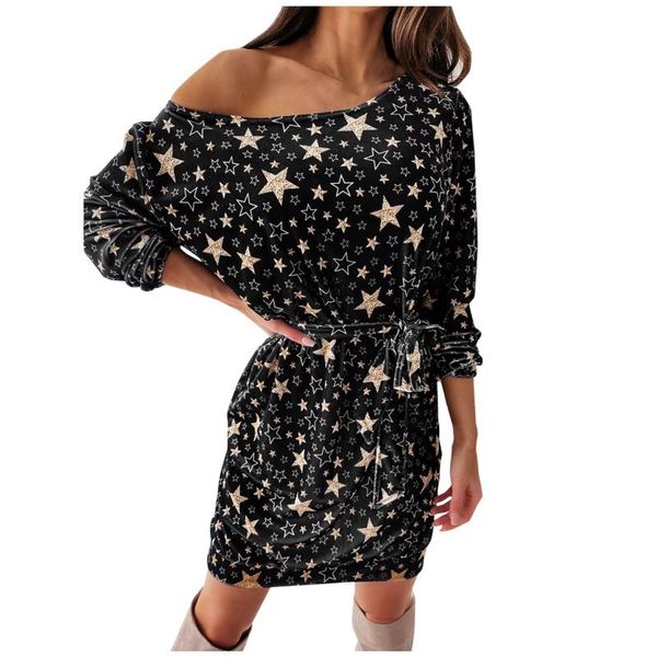 

casual dresses fashion for women 2021 loose long sleeve christmas star print mini dress vestidos elegantes para mujer, Black;gray