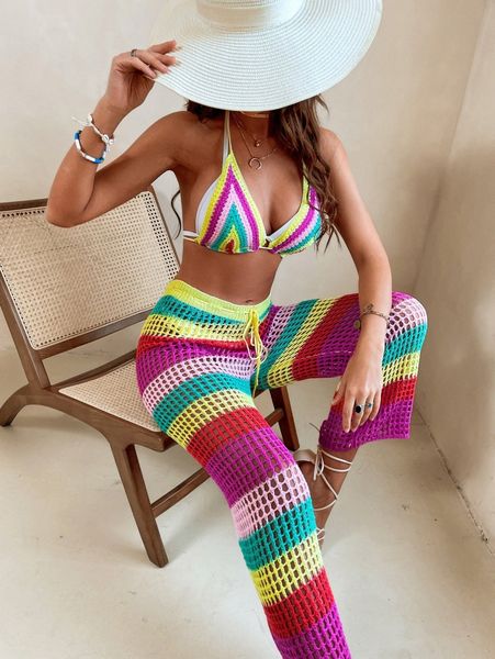 

striped hollow out crochet cover up set y6yu#, White;black