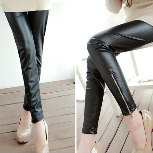 

women's leggings legging leather pencil pants leggins zipper seam high elastic casual trousers, Black