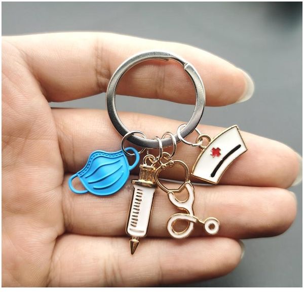 

new design keychain doctor medical tool stethoscope syringe mask key ring nurse medical student gift keychain qylyiq, Red;blue